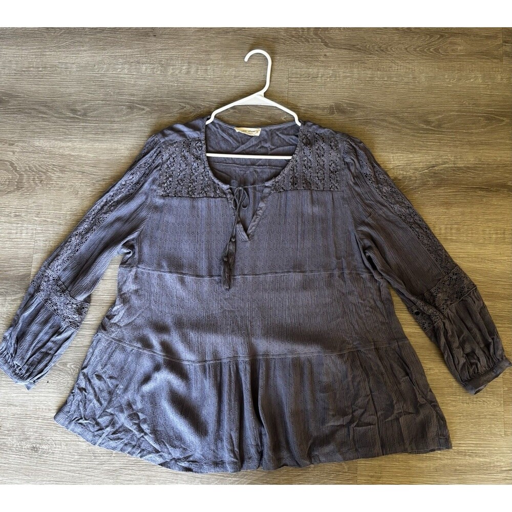 Lucky brand tiered gauze Crochet Lace Inset Tassel Tie peasant blouse Blue XL